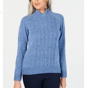 Mock-Neck Cable-Knit Pearl Collar Details, Sweater